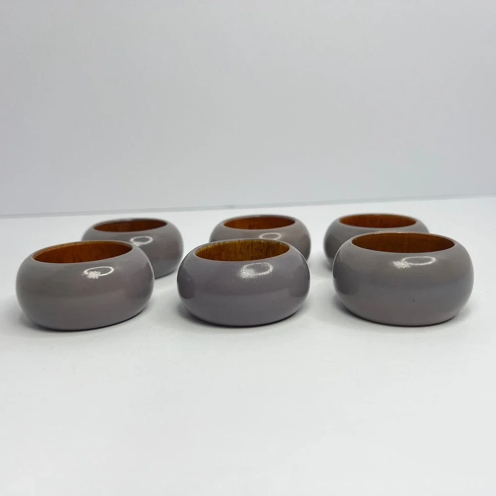 6 Vintage Wood Greige Napkin Rings‎ Made in India Taupe Grey Boho Eclectic Retro